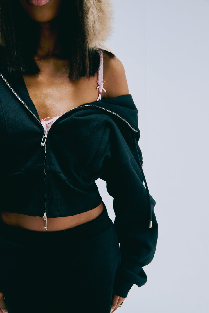 Cotton Zip Through Hoodie - Night Black